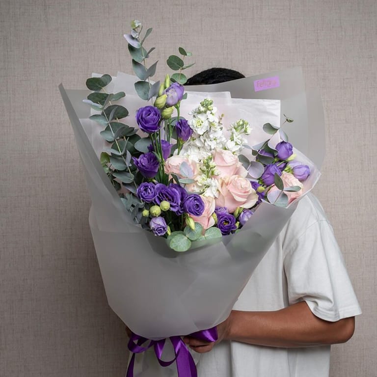 Purple Lisianthus Pink Roses And Matthiola Bouquet-A550 - Image 2