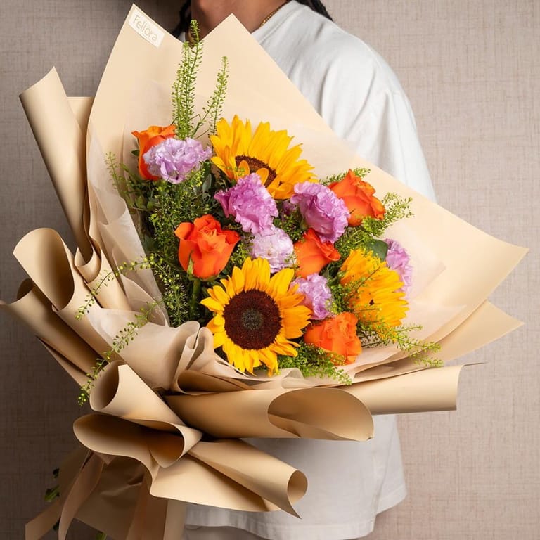 Sunflower Orange Roses And Purple Matthiola Bouquet-A562 - Image 1