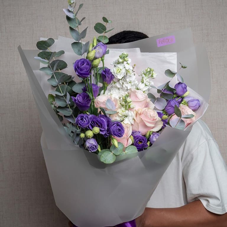 Purple Lisianthus Pink Roses And Matthiola Bouquet-A550 - Image 3