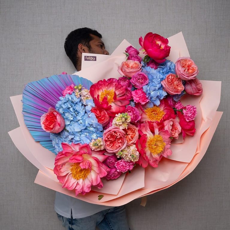 Coral Peonies Garden Roses And Blue Hydrangea Grand Bouquet-A577 - Image 1