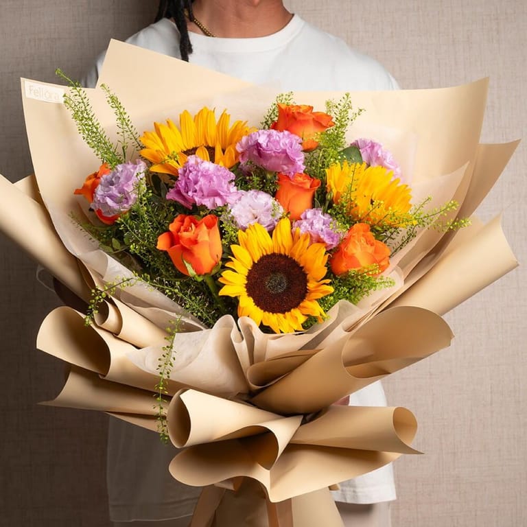 Sunflower Orange Roses And Purple Matthiola Bouquet-A562 - Image 2