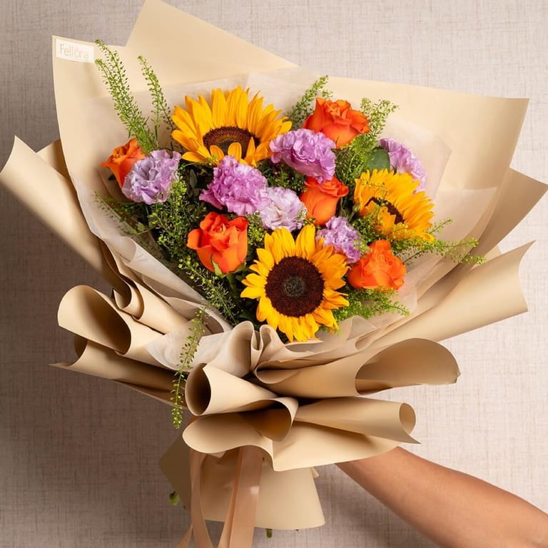 Sunflower Orange Roses And Purple Matthiola Bouquet-A562 - Image 3