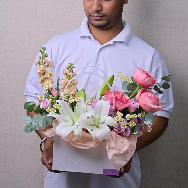 Pink Roses White Lilies And Matthiola Flower Bag-A592 - Image 1