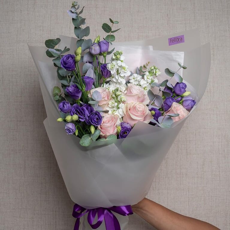 Purple Lisianthus Pink Roses And Matthiola Bouquet-A550 - Image 5