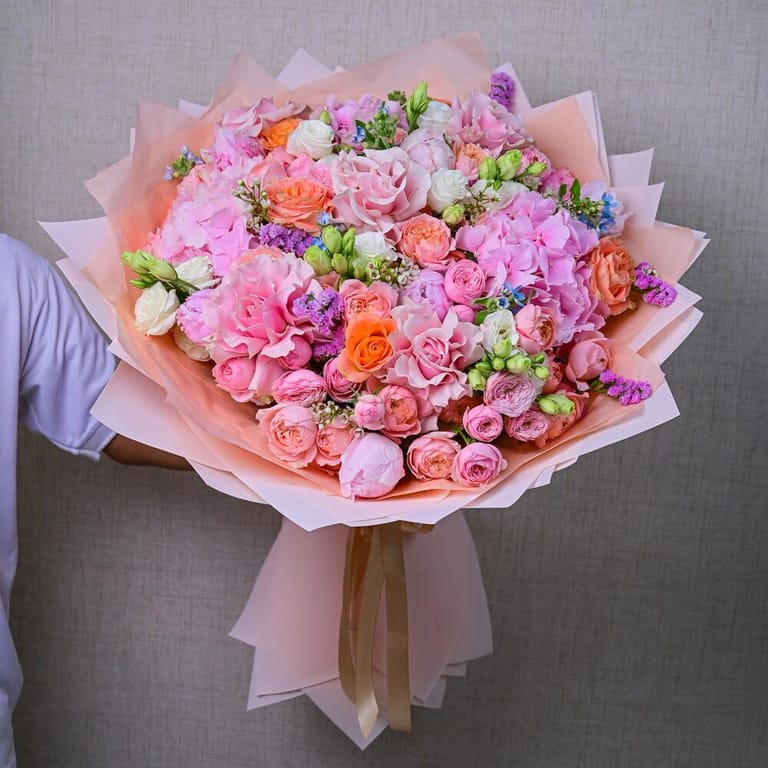 Pink Hydrangea Peony Roses And Peach Roses Luxury Bouquet-A588 - Image 2
