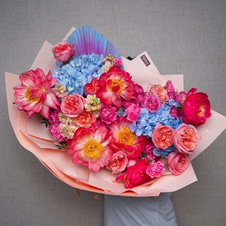 Coral Peonies Garden Roses And Blue Hydrangea Grand Bouquet-A577 - Image 3
