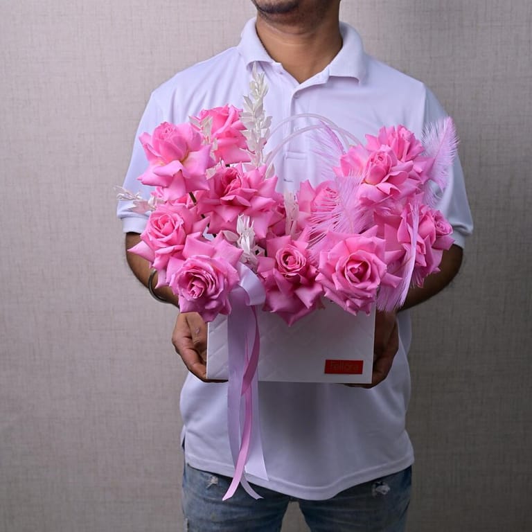 Pink Roses And Feather Flower Bag-A595 - Image 1