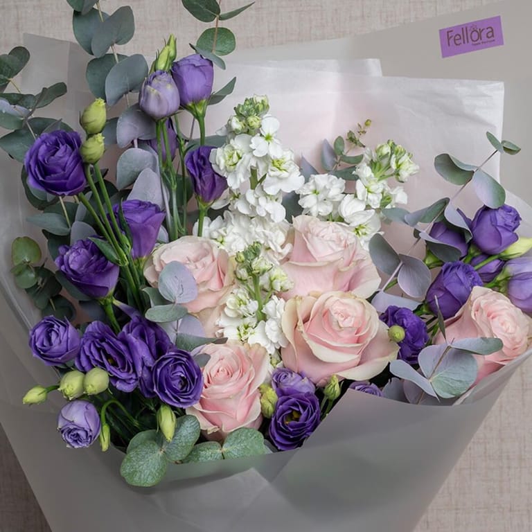 Purple Lisianthus Pink Roses And Matthiola Bouquet-A550 - Image 6