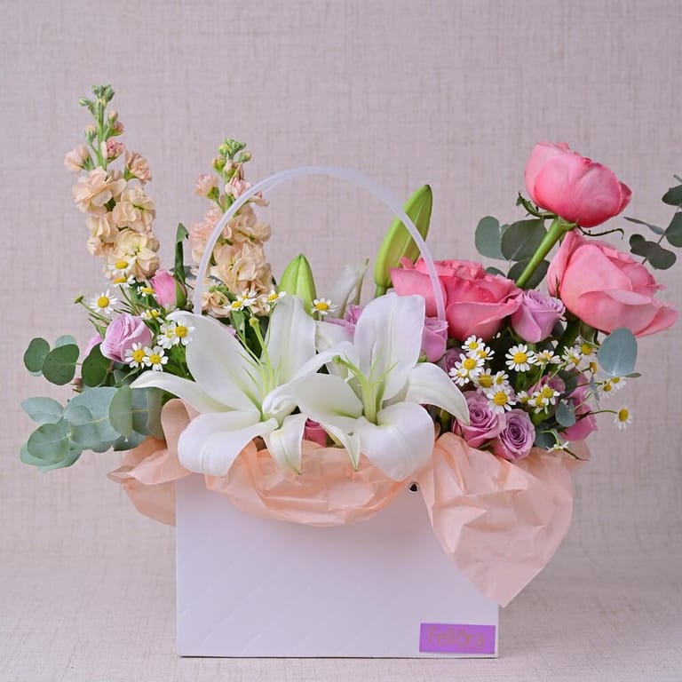 Pink Roses White Lilies And Matthiola Flower Bag-A592 - Image 2