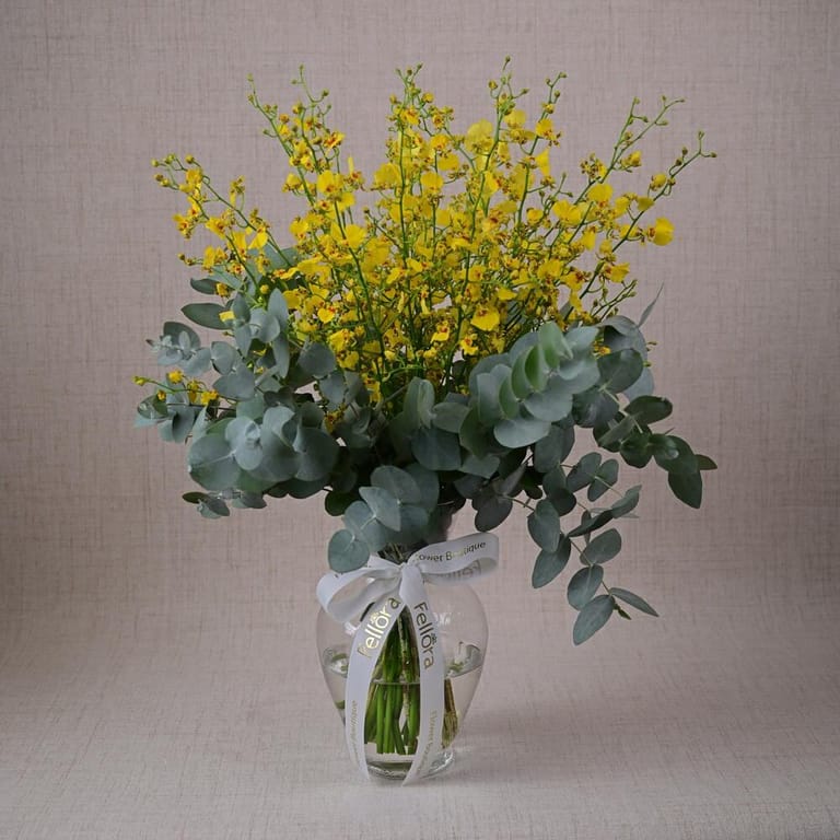 Yellow Oncidium Orchids And Eucalyptus Glass Vase Arrangemen-A623 - Image 1