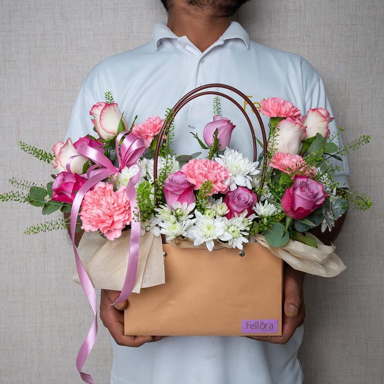 Pink And Purple Roses with Carnations Flower Bag-A632 - Image 1