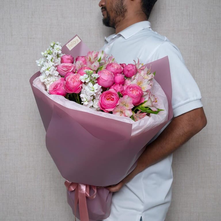 Pink Peony Roses Alstroemeria And White Matthiola Luxury Bou-A634 - Image 1