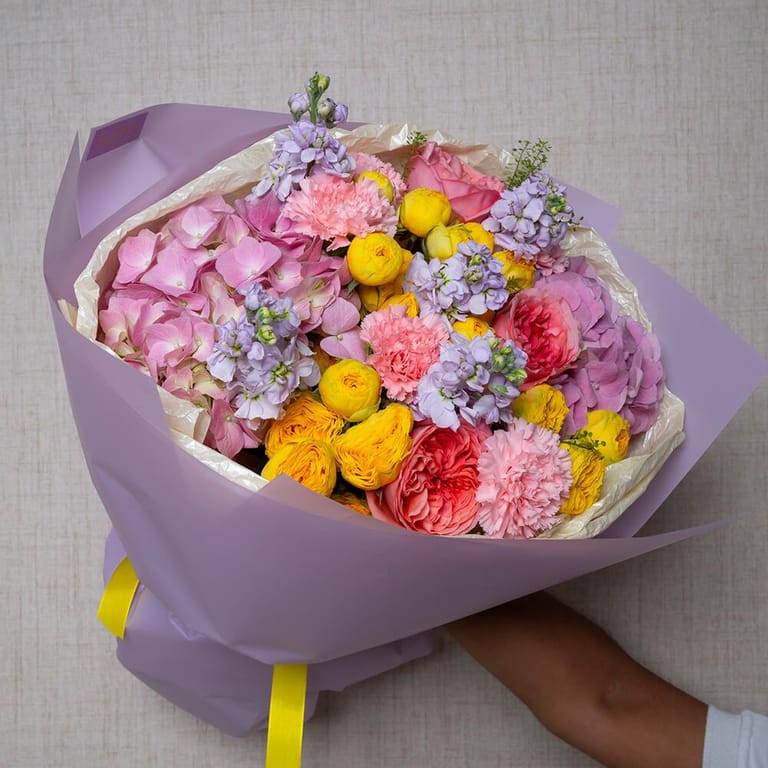 Pink Hydrangea Yellow Peony Roses Purple Matthiola Luxury Bo-A635 - Image 1