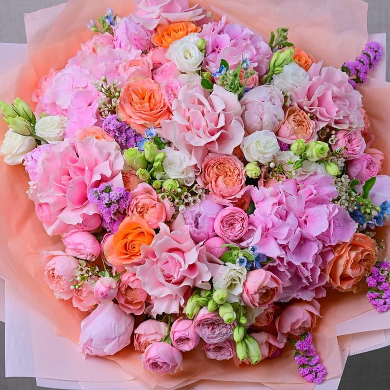 Pink Hydrangea Peony Roses And Peach Roses Luxury Bouquet-A588 - Image 4