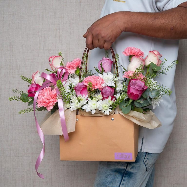 Pink And Purple Roses with Carnations Flower Bag-A632 - Image 2