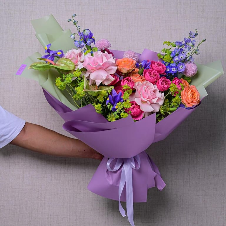 Luxury Pink Roses Hydrangea And Delphinium Grand Bouquet-A582 - Image 5