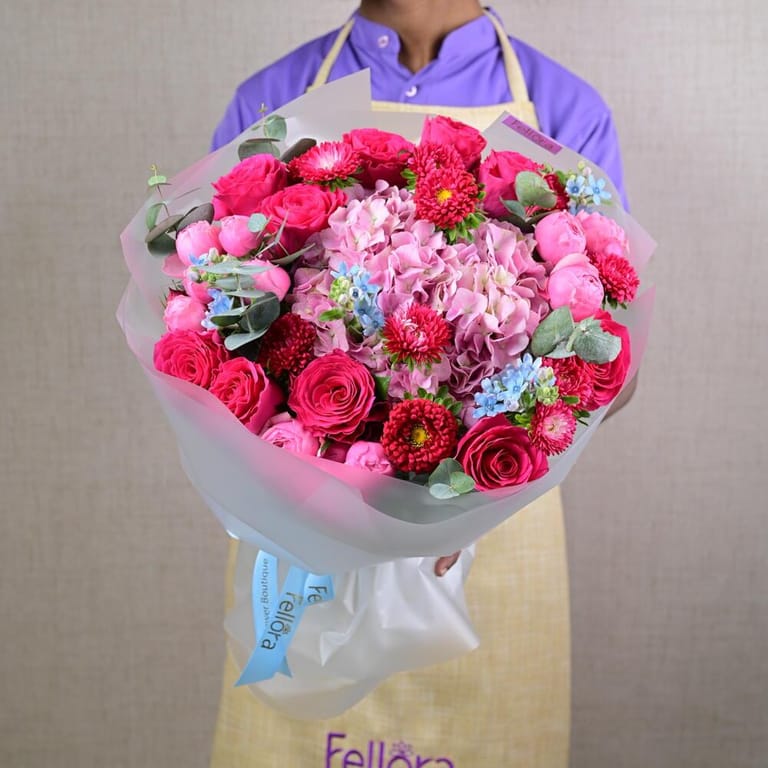 Pink Hydrangea Roses And Red Callistephus Luxury Bouquet-A638 - Image 1