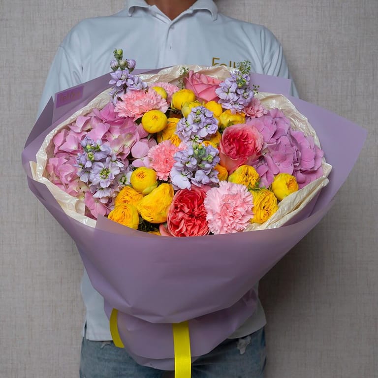 Pink Hydrangea Yellow Peony Roses Purple Matthiola Luxury Bo-A635 - Image 2