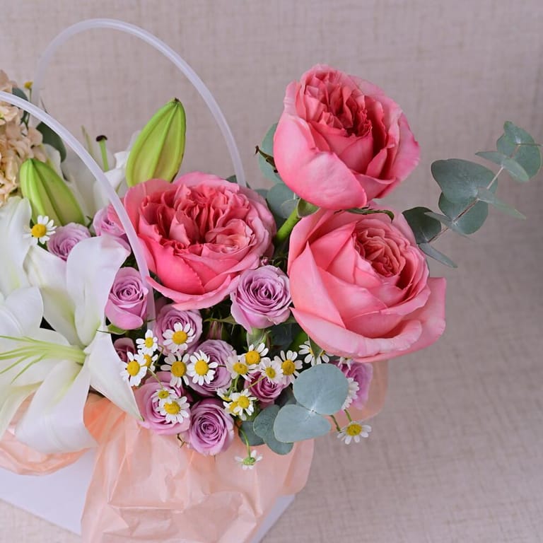 Pink Roses White Lilies And Matthiola Flower Bag-A592 - Image 4
