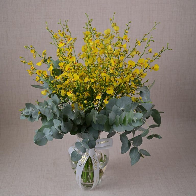 Yellow Oncidium Orchids And Eucalyptus Glass Vase Arrangemen-A623 - Image 3