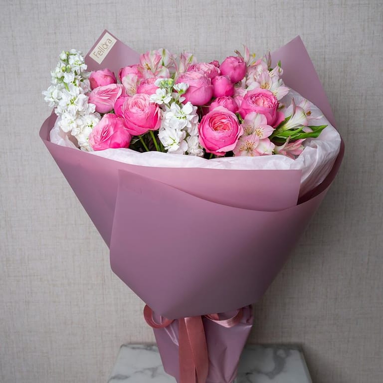 Pink Peony Roses Alstroemeria And White Matthiola Luxury Bou-A634 - Image 3