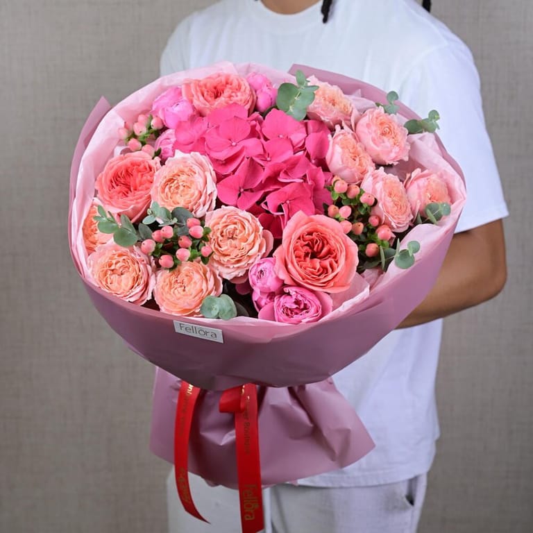 Pink Hydrangea And Peony Roses Luxury Bouquet-A643 - Image 1