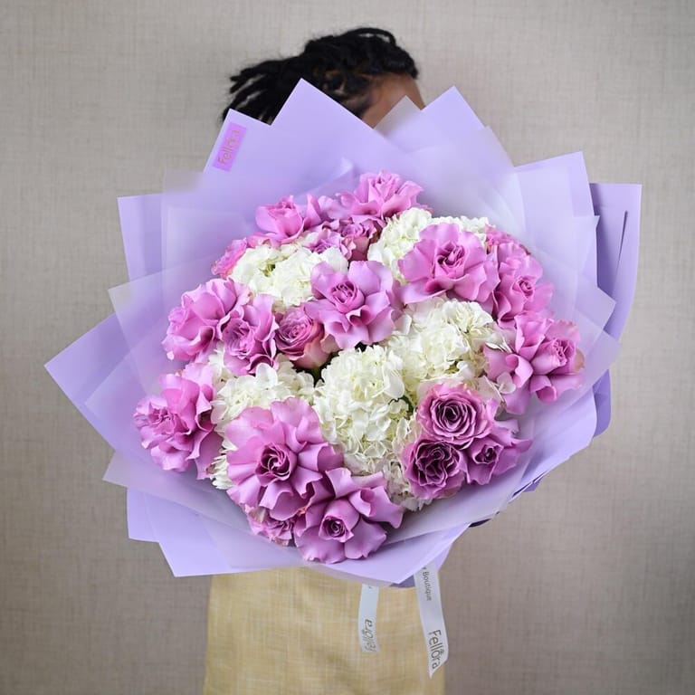 Purple Roses And White Hydrangea Luxury Bouquet-A645 - Image 1