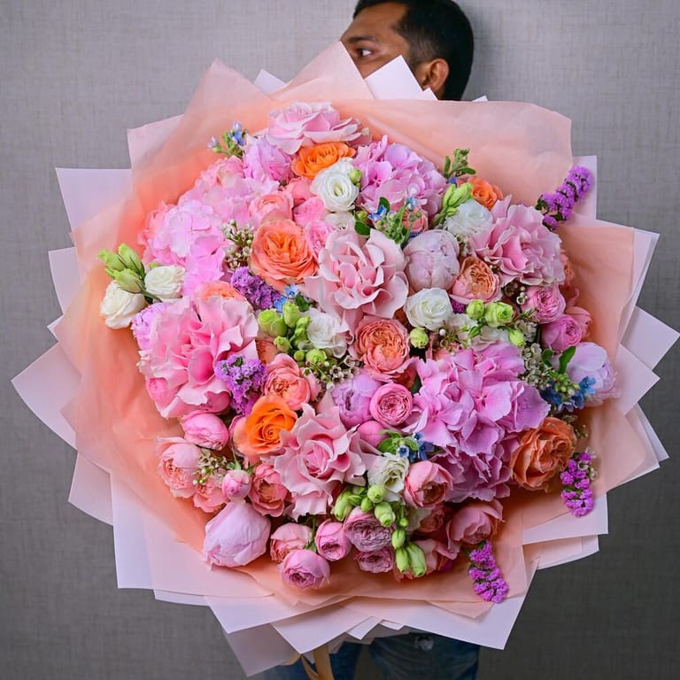 Pink Hydrangea Peony Roses And Peach Roses Luxury Bouquet-A588 - Image 6