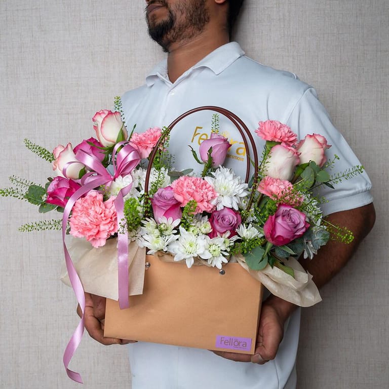 Pink And Purple Roses with Carnations Flower Bag-A632 - Image 4