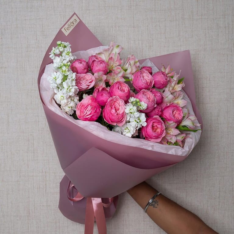 Pink Peony Roses Alstroemeria And White Matthiola Luxury Bou-A634 - Image 4