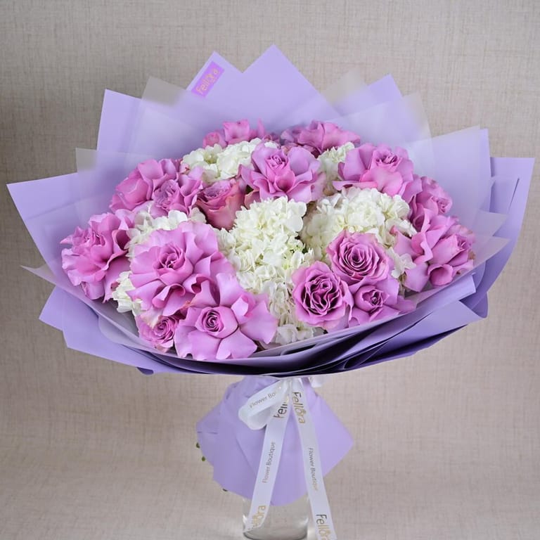 Purple Roses And White Hydrangea Luxury Bouquet-A645 - Image 2