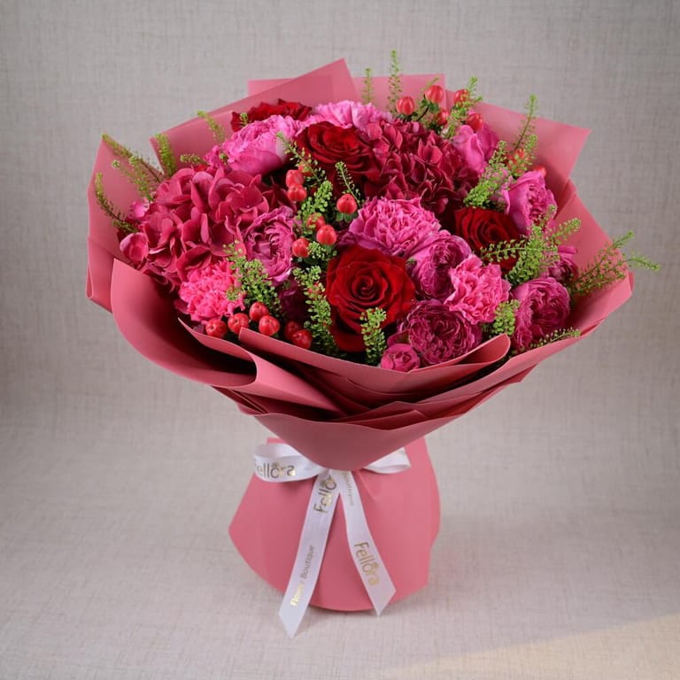 Red Roses Pink Hydrangea And Peony Roses Luxury Bouquet-A646 - Image 2