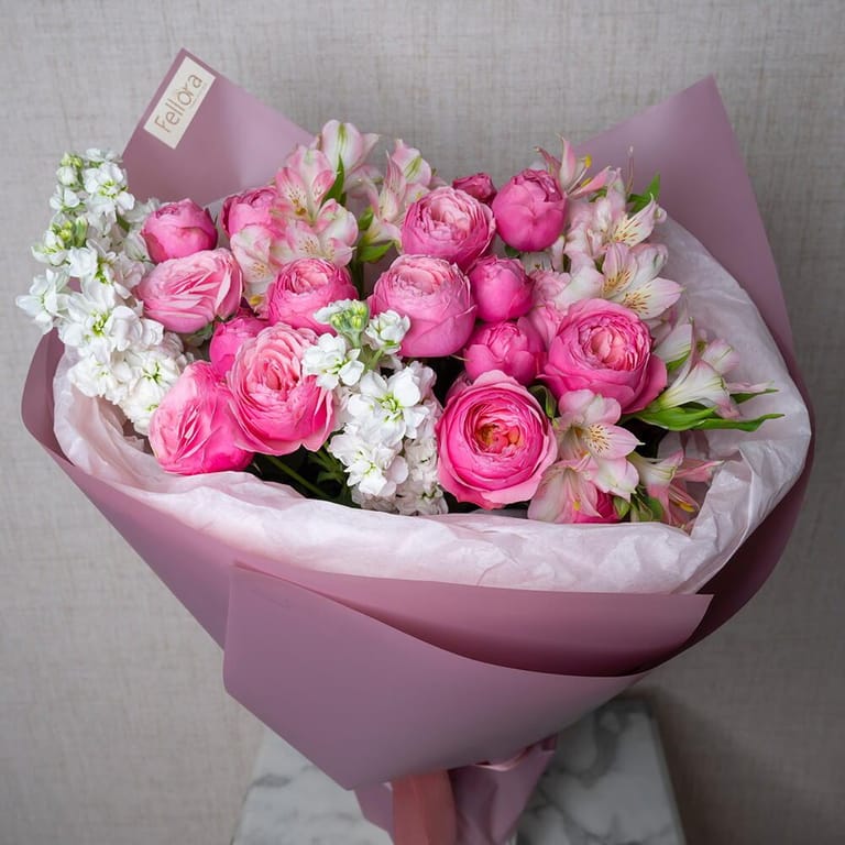 Pink Peony Roses Alstroemeria And White Matthiola Luxury Bou-A634 - Image 5