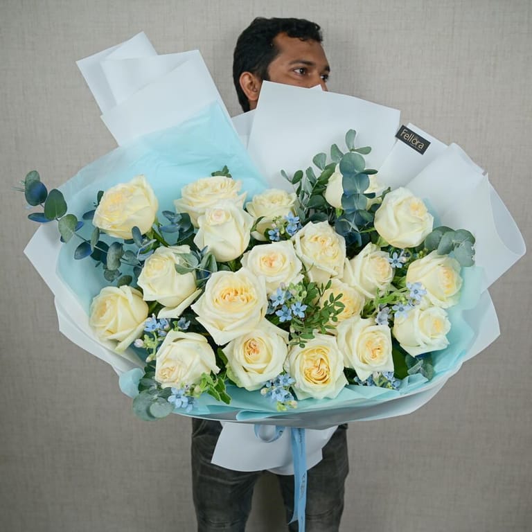 Premium Cream Roses And Eucalyptus Bouquet-A668 - Image 1