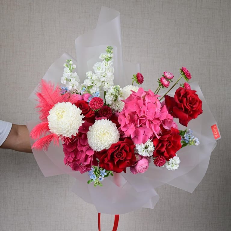 Red Roses Pink Hydrangea And White Ping Pong Luxury Bouquet-A639 - Image 4