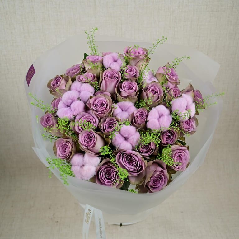 Purple Roses And Cotton Luxury Bouquet-A663 - Image 2