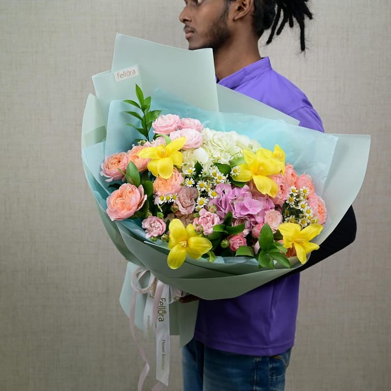 Yellow Tulips Pink Roses And Hydrangea Luxury Bouquet-A670 - Image 1