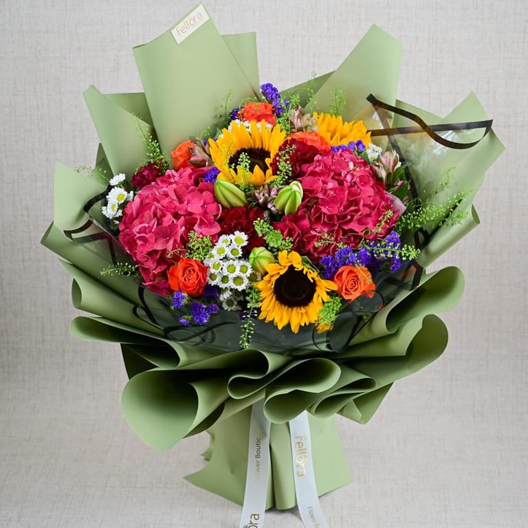 Sunflower Pink Hydrangea And Orange Roses Luxury Bouquet-A671 - Image 1