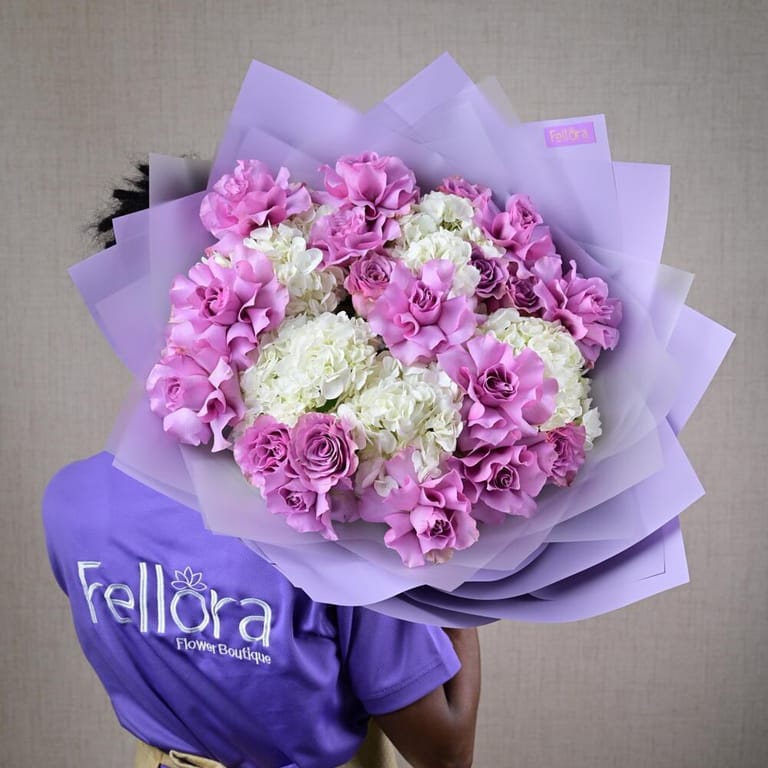 Purple Roses And White Hydrangea Luxury Bouquet-A645 - Image 4