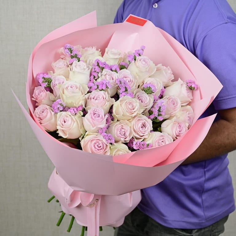 Light Pink Roses And Purple Statice Luxury Bouquet-A672 - Image 1