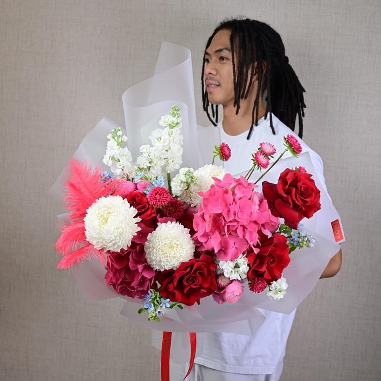Red Roses Pink Hydrangea And White Ping Pong Luxury Bouquet-A639 - Image 5