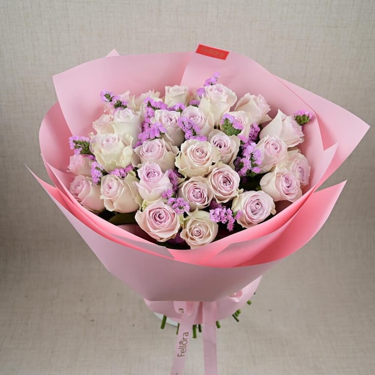 Light Pink Roses And Purple Statice Luxury Bouquet-A672 - Image 2