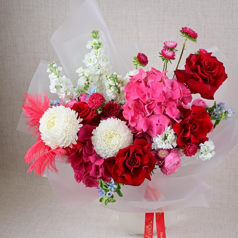 Red Roses Pink Hydrangea And White Ping Pong Luxury Bouquet-A639 - Image 6