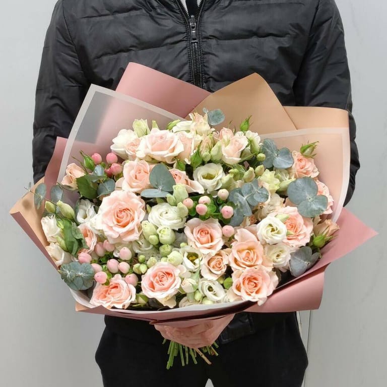 Pink Spray Rose And White Lisianthus Bouquet-A680 - Image 1