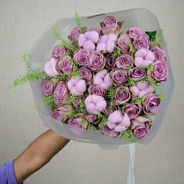 Purple Roses And Cotton Luxury Bouquet-A663 - Image 4