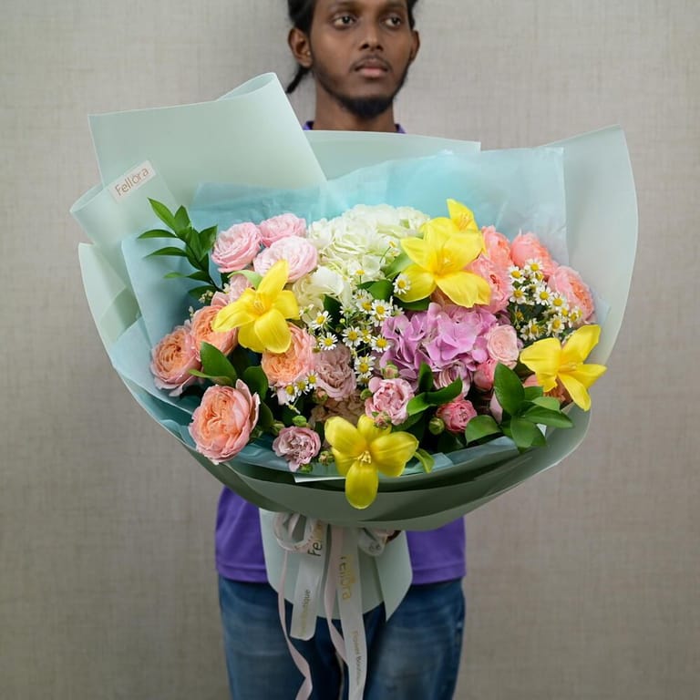 Yellow Tulips Pink Roses And Hydrangea Luxury Bouquet-A670 - Image 3
