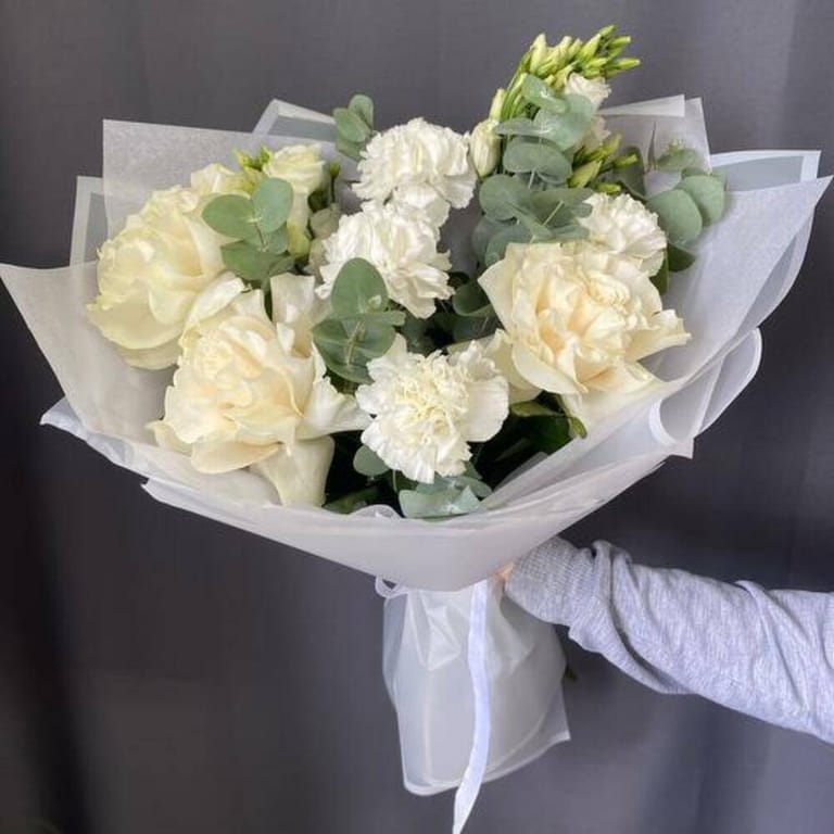 White Roses And Carnations Bouquet-A688 - Image 1