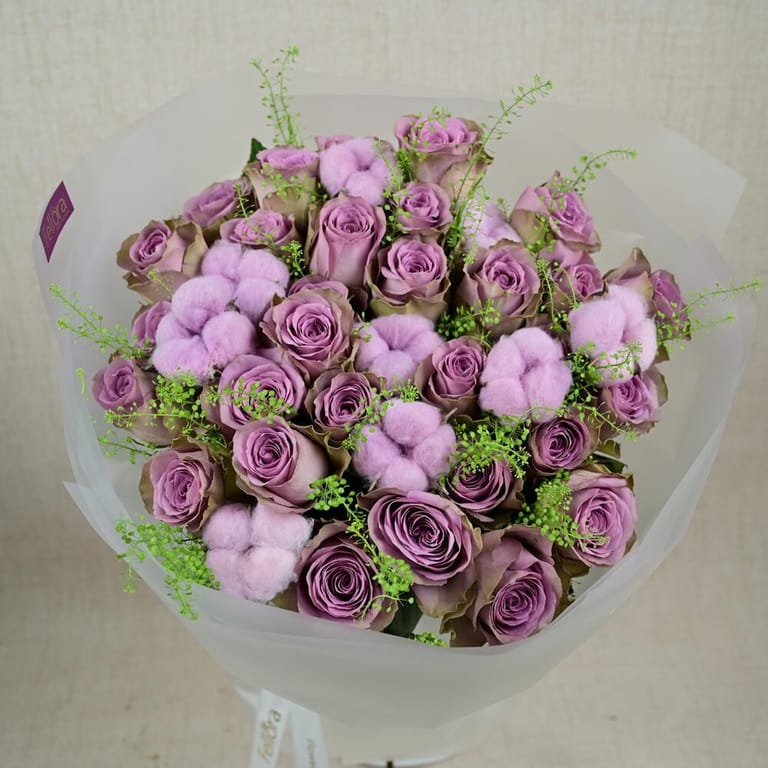 Purple Roses And Cotton Luxury Bouquet-A663 - Image 5