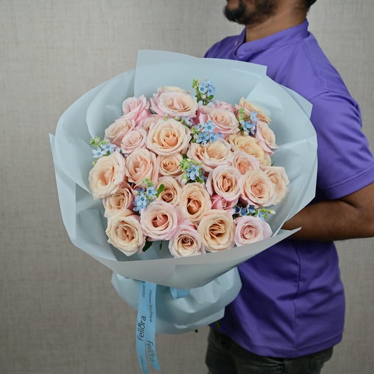 Peach Roses And Blue Oxypetalum Luxury Bouquet-A673 - Image 3