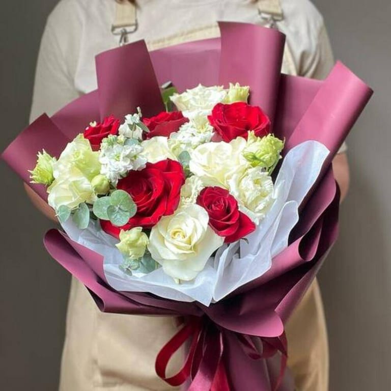 Red And White Roses Eucalyptus Luxury Bouquet-A690 - Image 1
